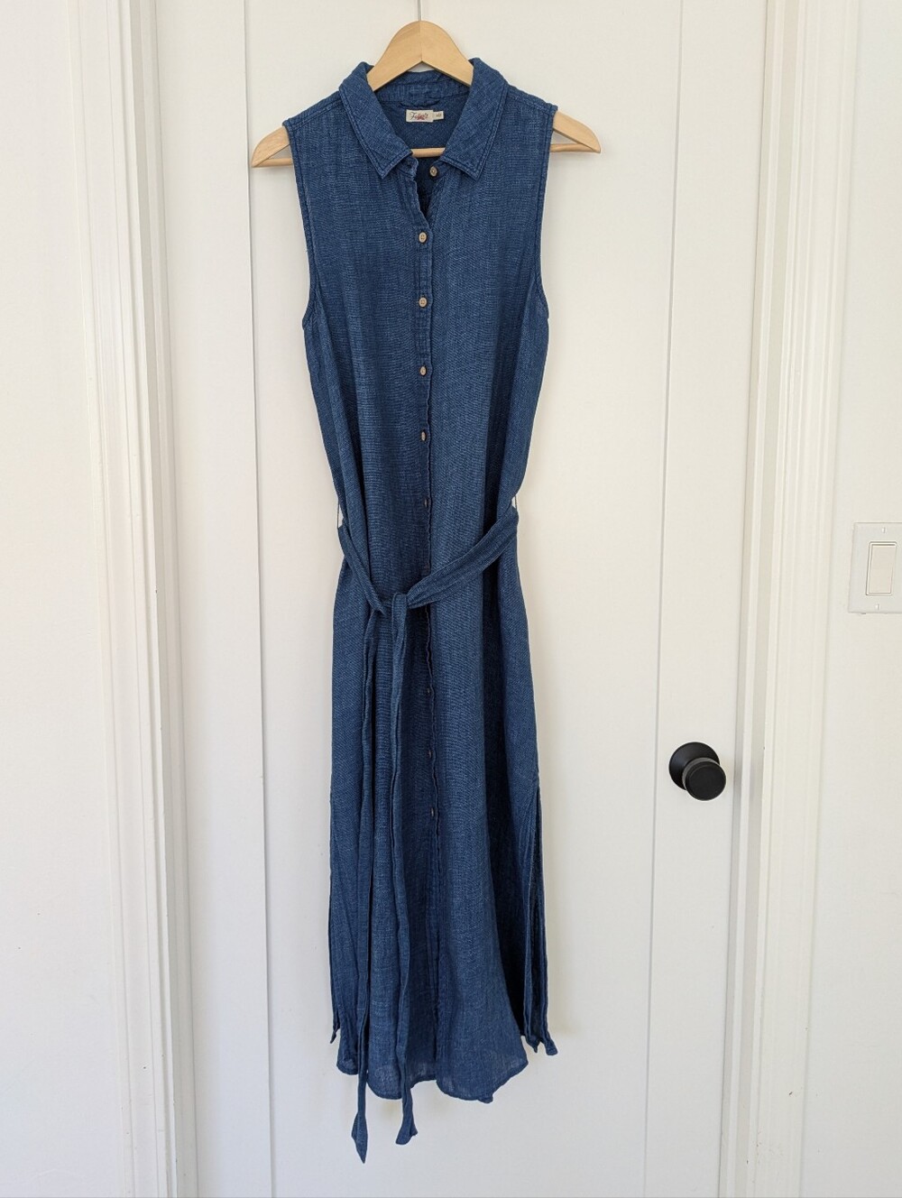 Faherty Linen Sleeveless Maxi Shirt Dress in Deep Blue M